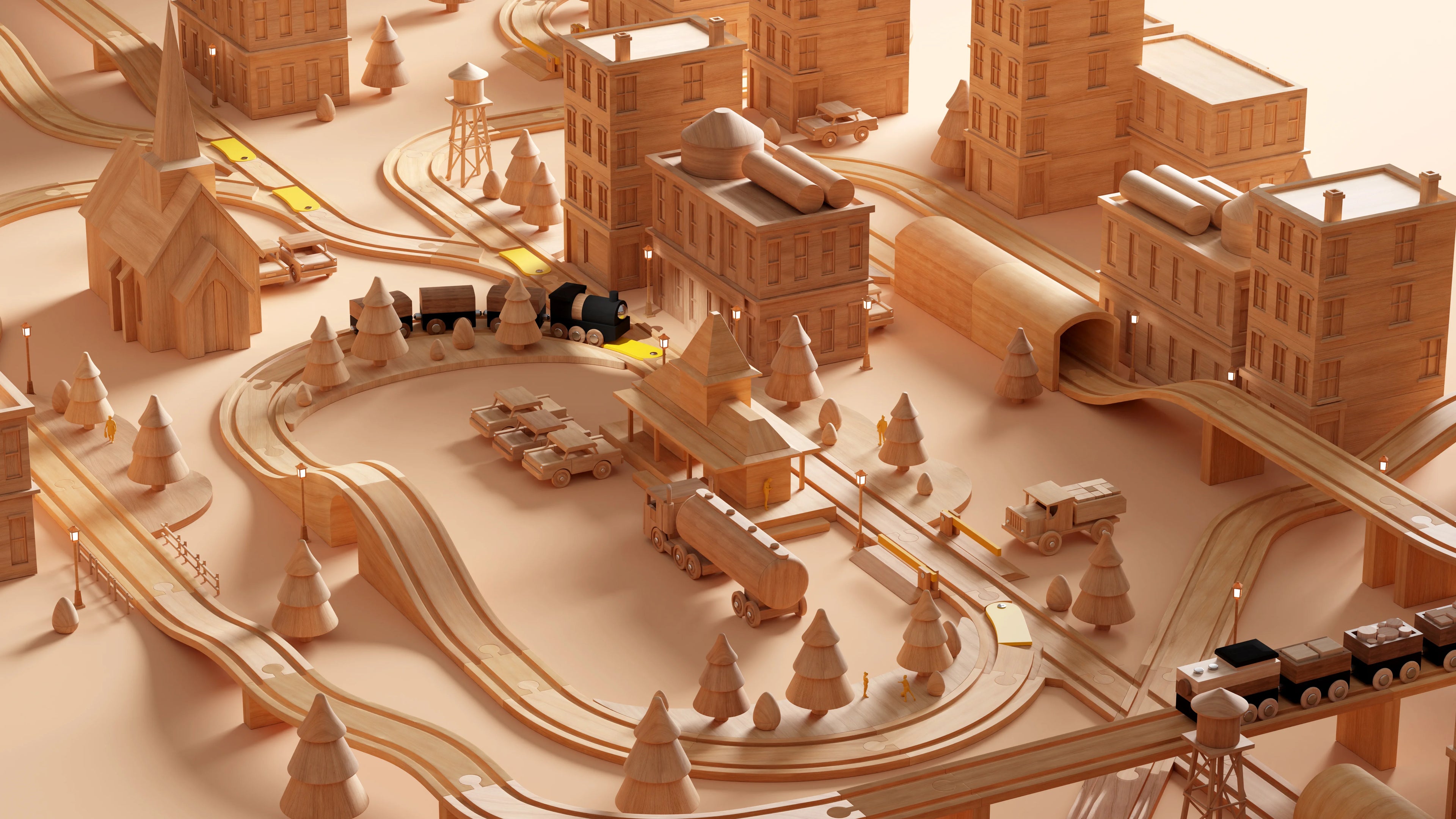 Wooden Cars, Trucks, Trains, Trees, Buildings, Roads